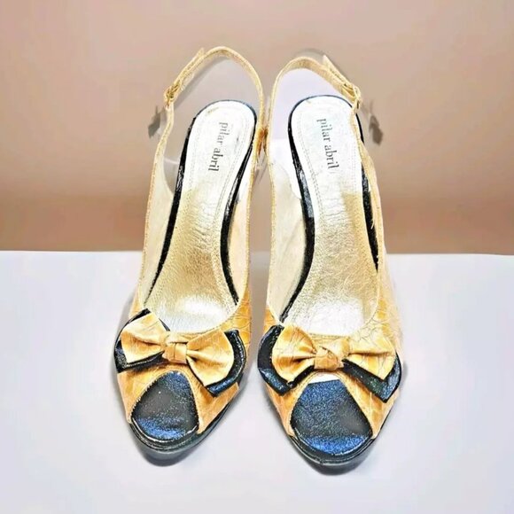 Pilar Abril Peep Toe Slingback Heels Gold Leather Croc with Bow Womens 9.5 EU 41 - Picture 2 of 7